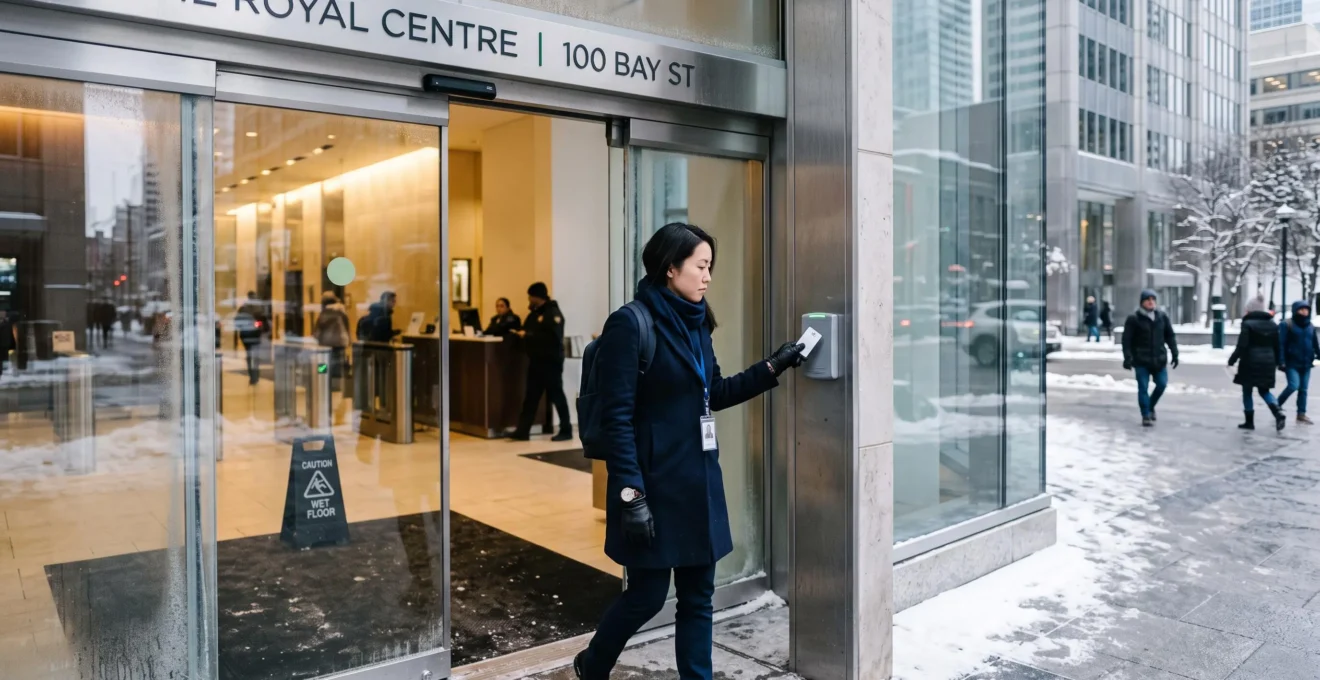 A professional presents an access card to a card reader at the entrance of a Canadian commercial office building in winter.