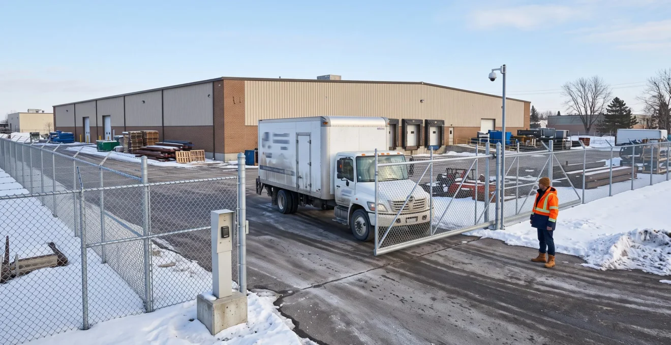 Delivery truck entering a fenced Canadian industrial property through a controlled sliding gate while an employee observes from a separated pedestrian area.