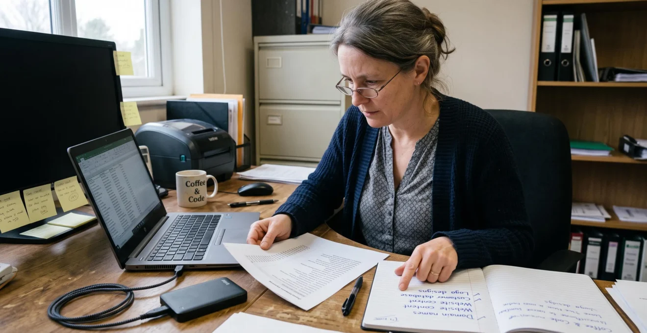 A small-business owner compares a printed list of software accounts with her own notes while an external backup drive is connected to her laptop.