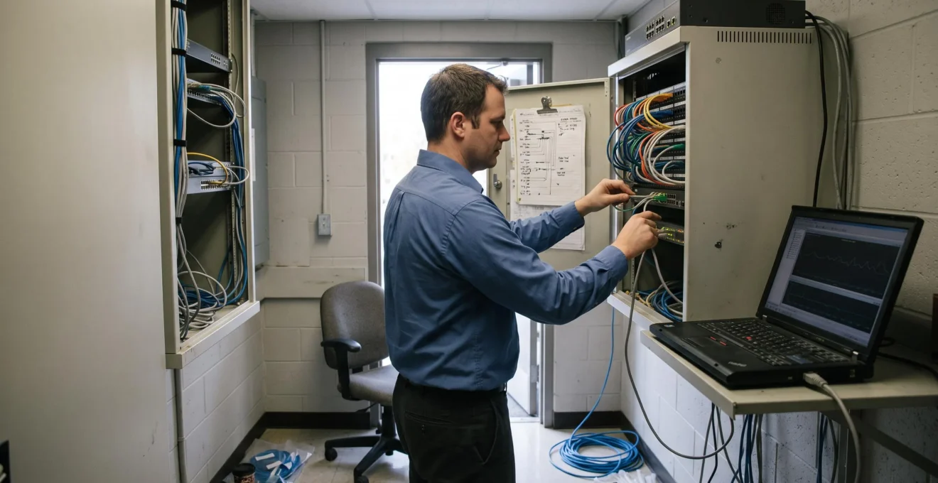 An IT technician traces network cables and checks indicator lights in the network cabinet of a Canadian office.
