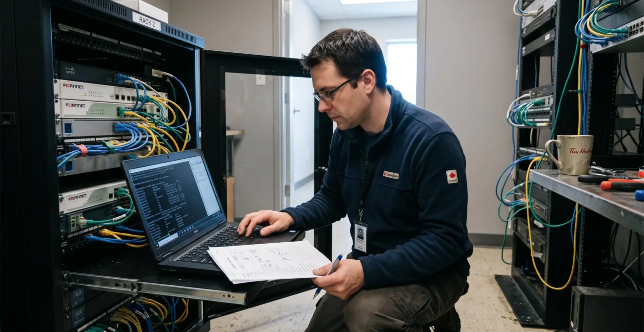 An IT technician kneels beside an open network rack in a small office server room, verifying network equipment with a laptop and a printed checklist.