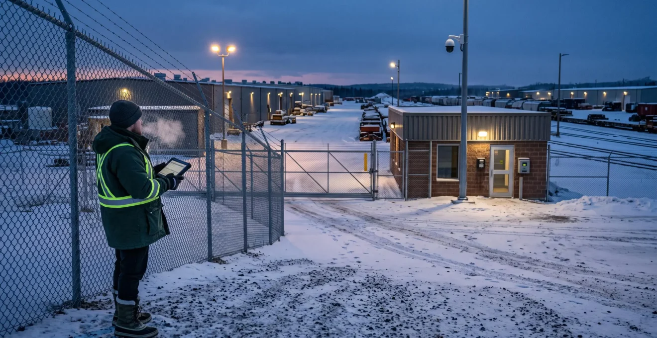 A security technician inspects a snow-covered industrial property at dusk, with perimeter fencing, a lit gate, a controlled building entrance and a surveillance camera visible in sequence.