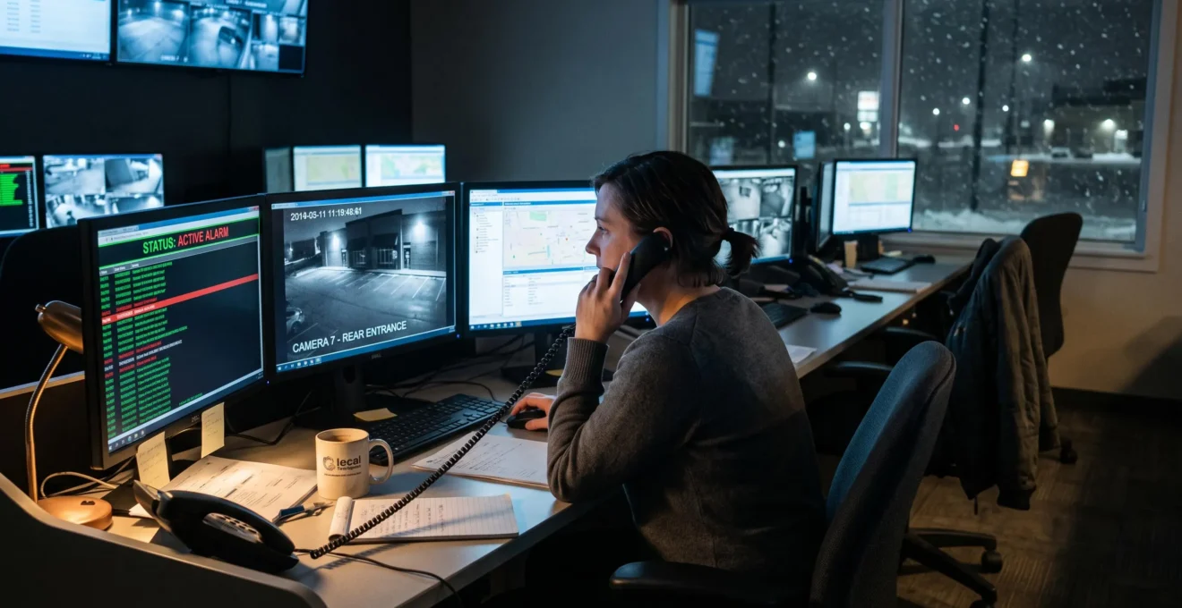 A monitoring station operator at night verifies an alarm-triggered camera view of a commercial property entrance before deciding whether to dispatch police.