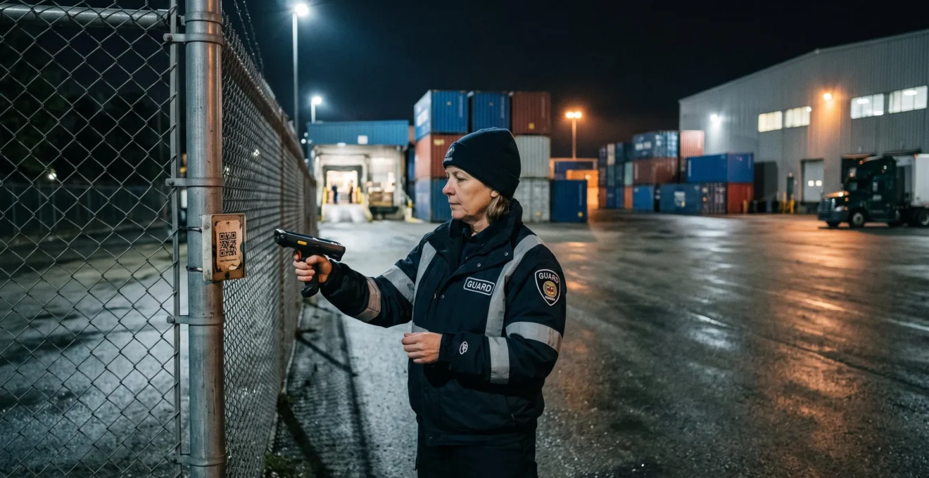 A security guard scans a QR checkpoint tag with a handheld device at a fenced industrial yard at night in Canada.