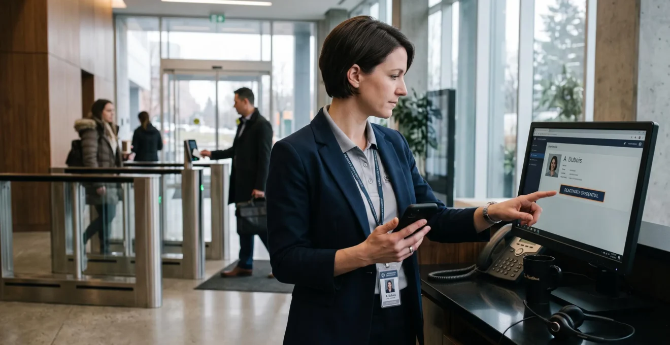 A security administrator in a Canadian office lobby revokes a mobile building access credential using an access control terminal near the entrance turnstiles.