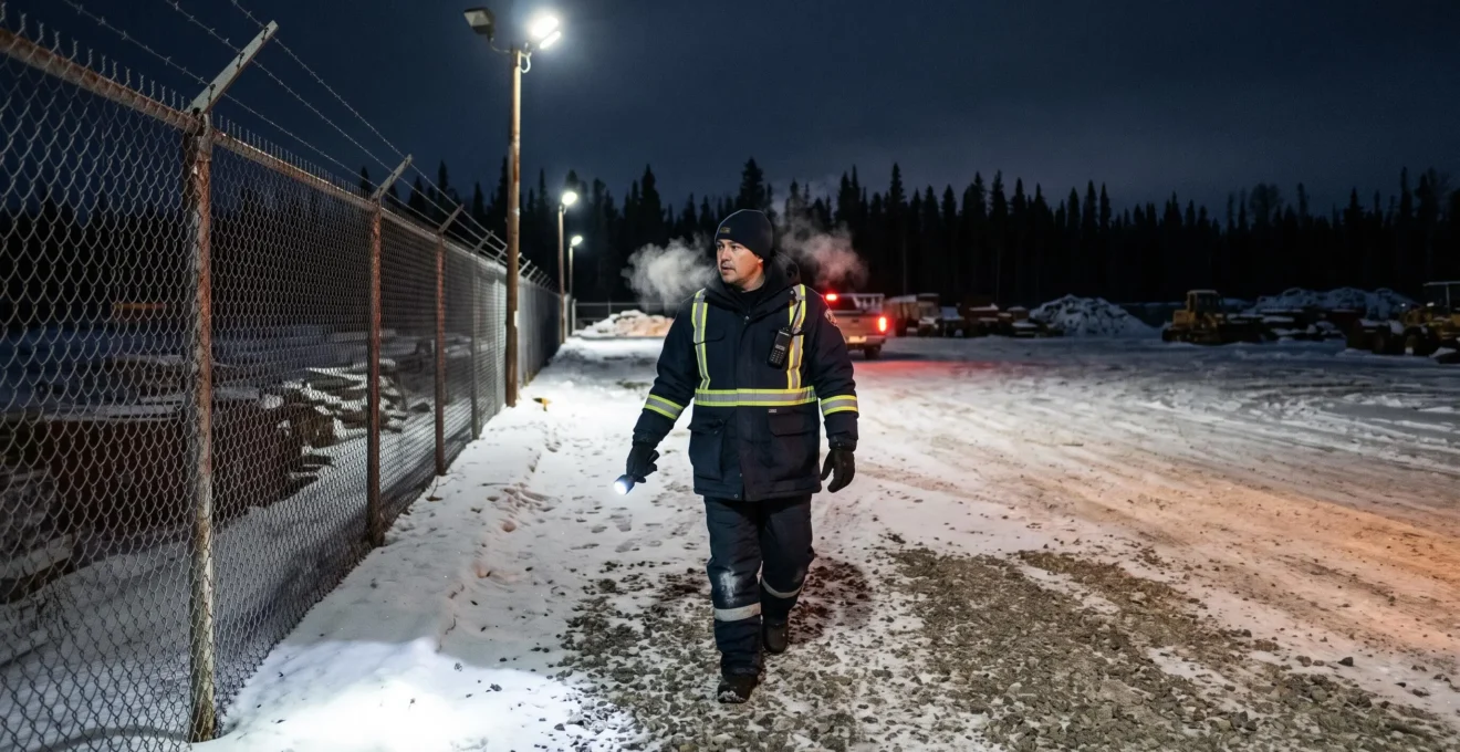 A security guard walks along a lit perimeter fence with a flashlight at a snowy Canadian facility at night after an alarm activation.