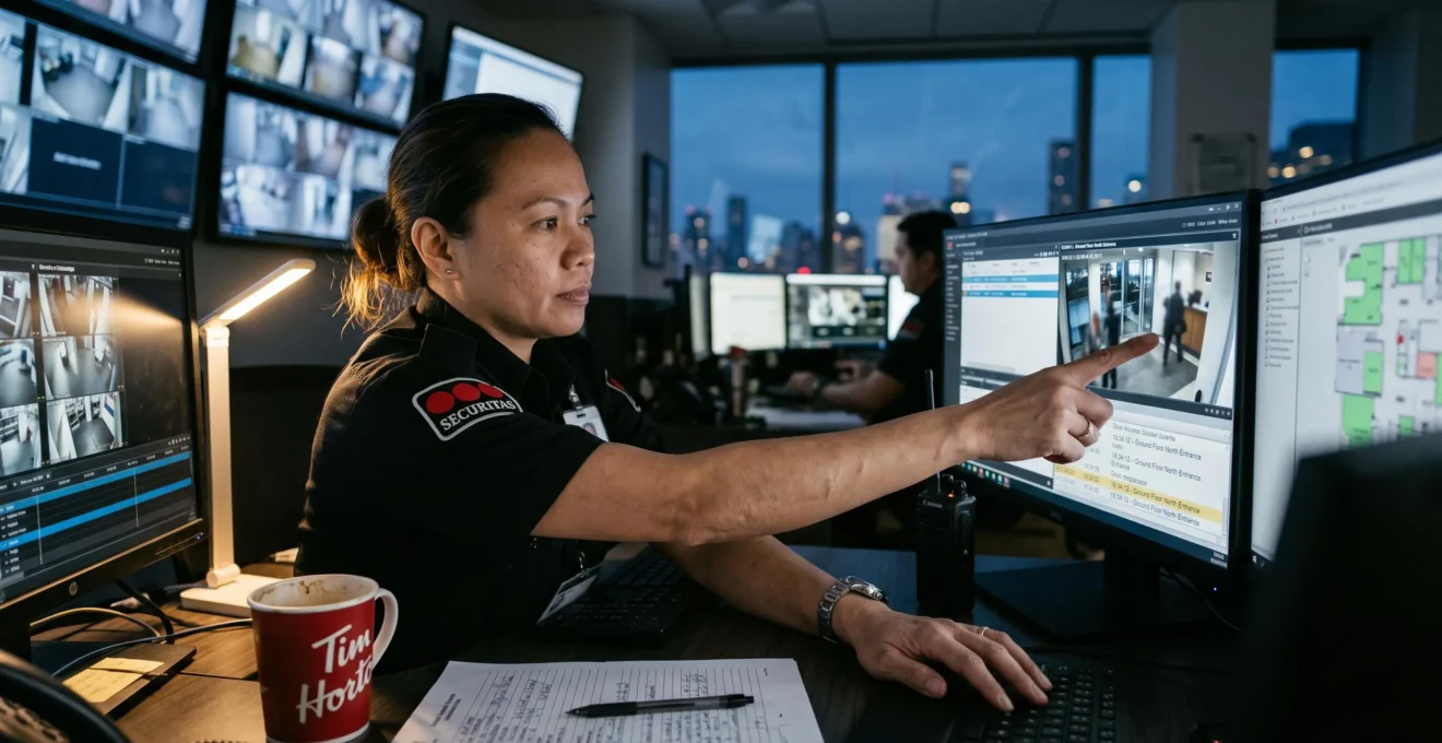 A security operator in a control room cross-checks timestamped door access events against live camera footage on multiple monitors.