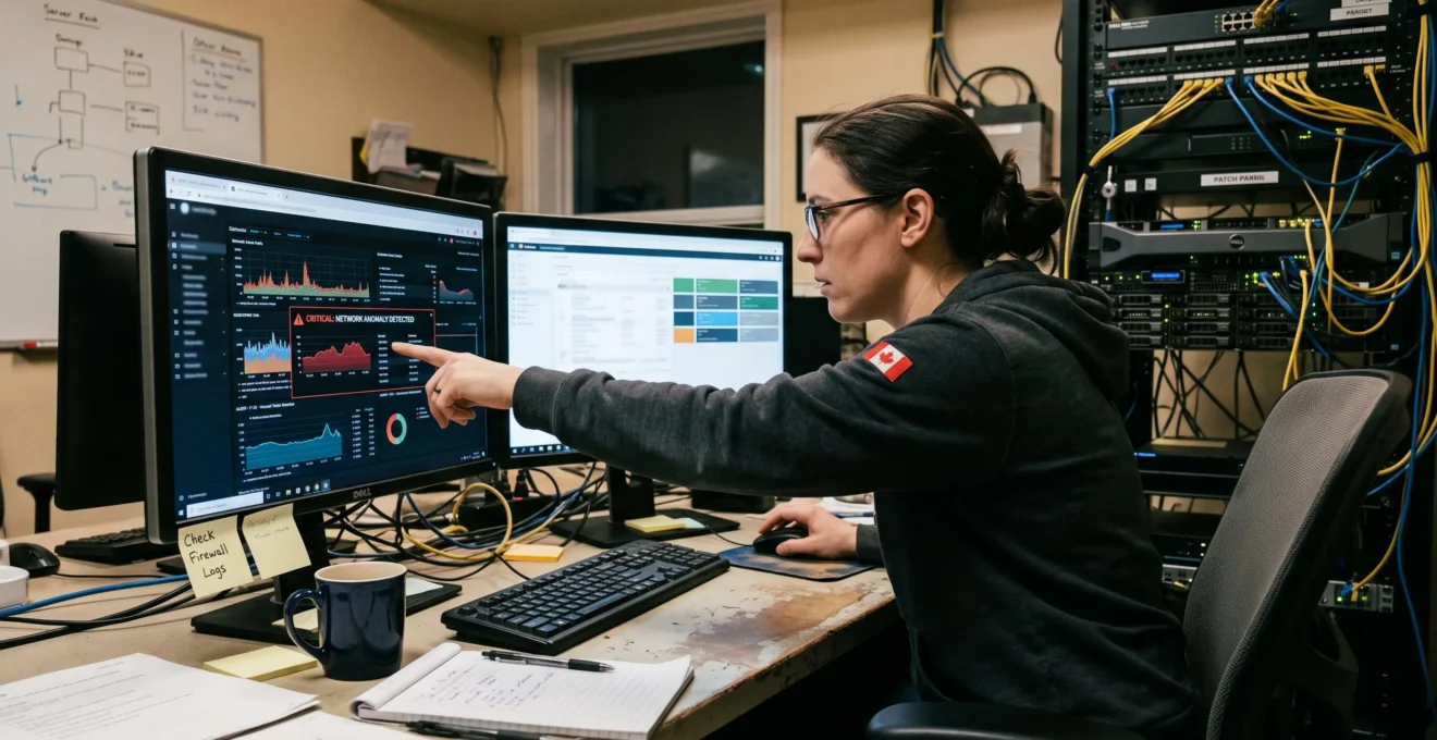 A security technician reviews alert notifications on a monitoring dashboard in a small office IT room during evening hours.