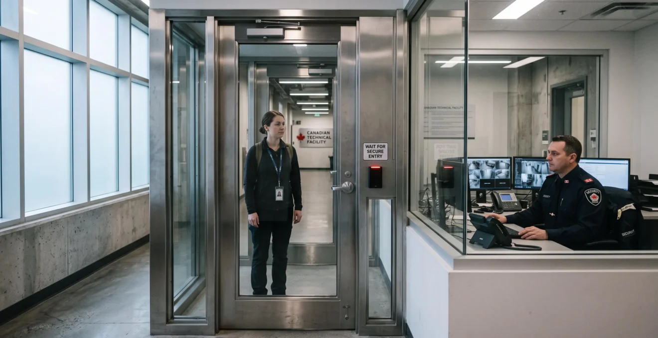 An employee waits inside a glass security vestibule while a guard monitors the entrance of a high-security facility.