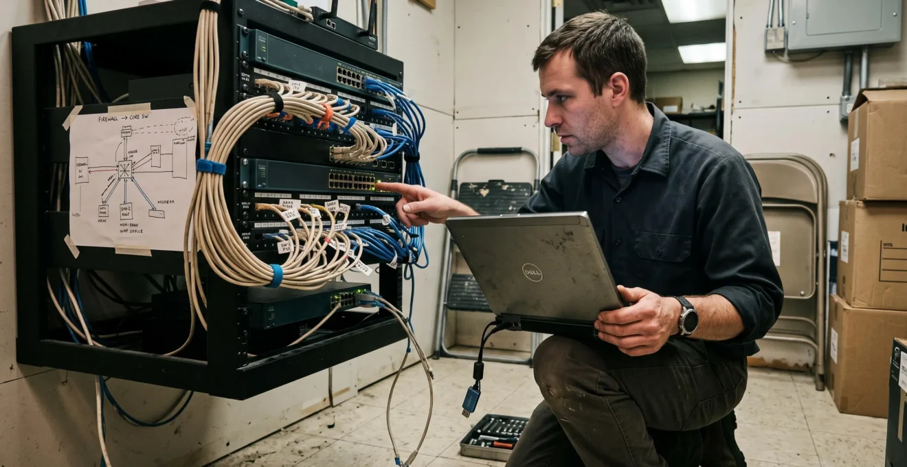 A network technician inspecting switch ports and comparing traffic data on a laptop inside a small-business server room.