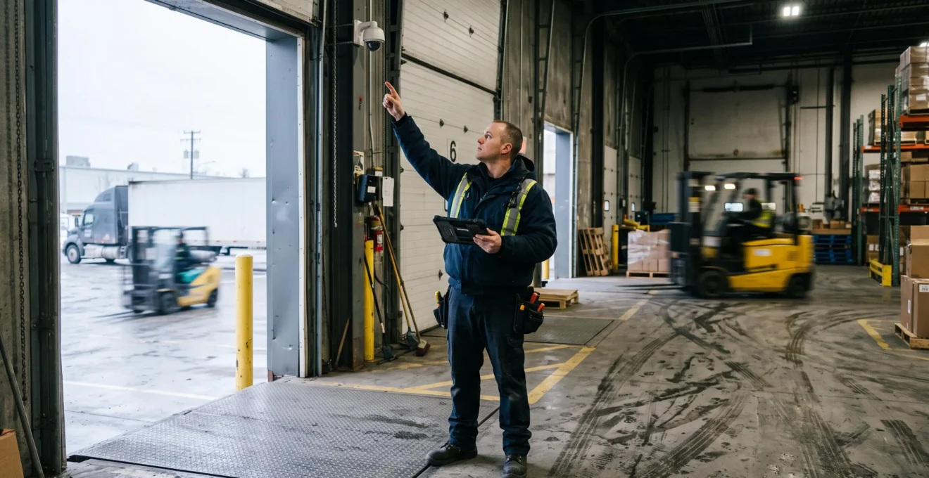 A security technician checks recorded footage on a tablet while inspecting an IP camera installed above a warehouse loading dock entrance.