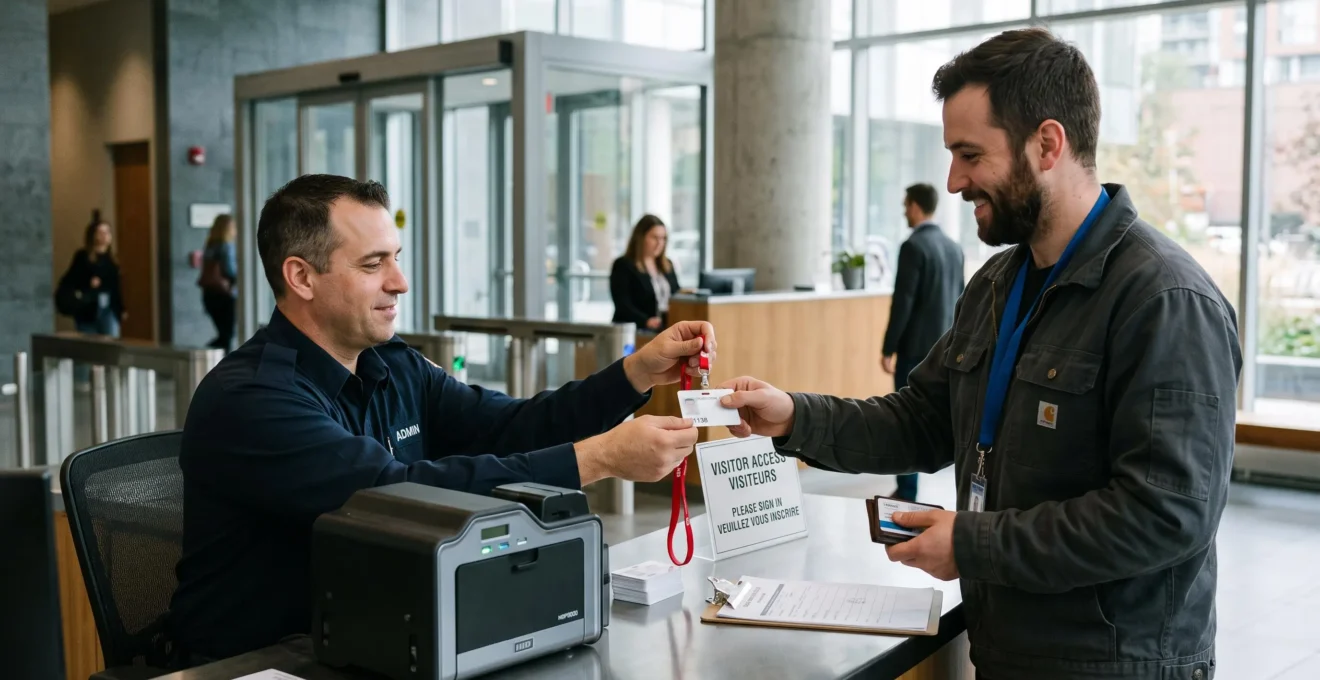 A security administrator hands a uniquely numbered access badge to a contractor at an office lobby desk in Canada.