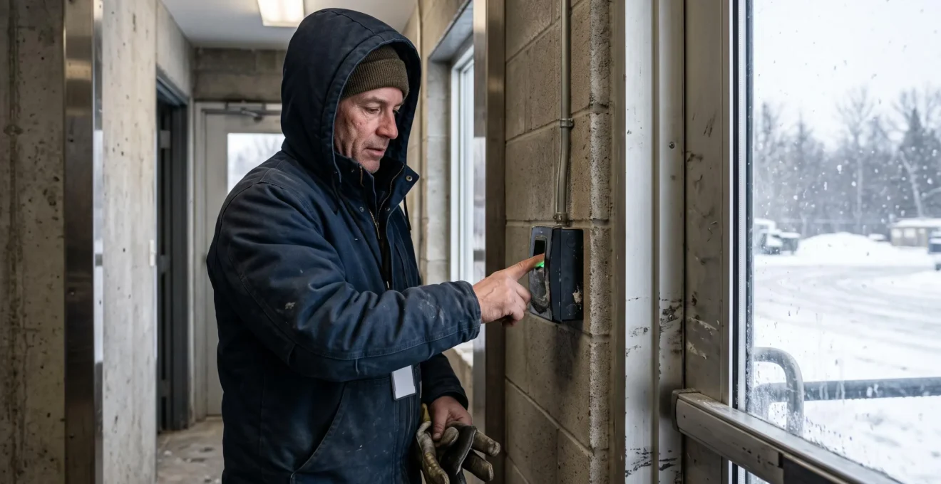 A worker removes a glove to place his finger on a biometric reader beside a secure industrial door during a Canadian winter.